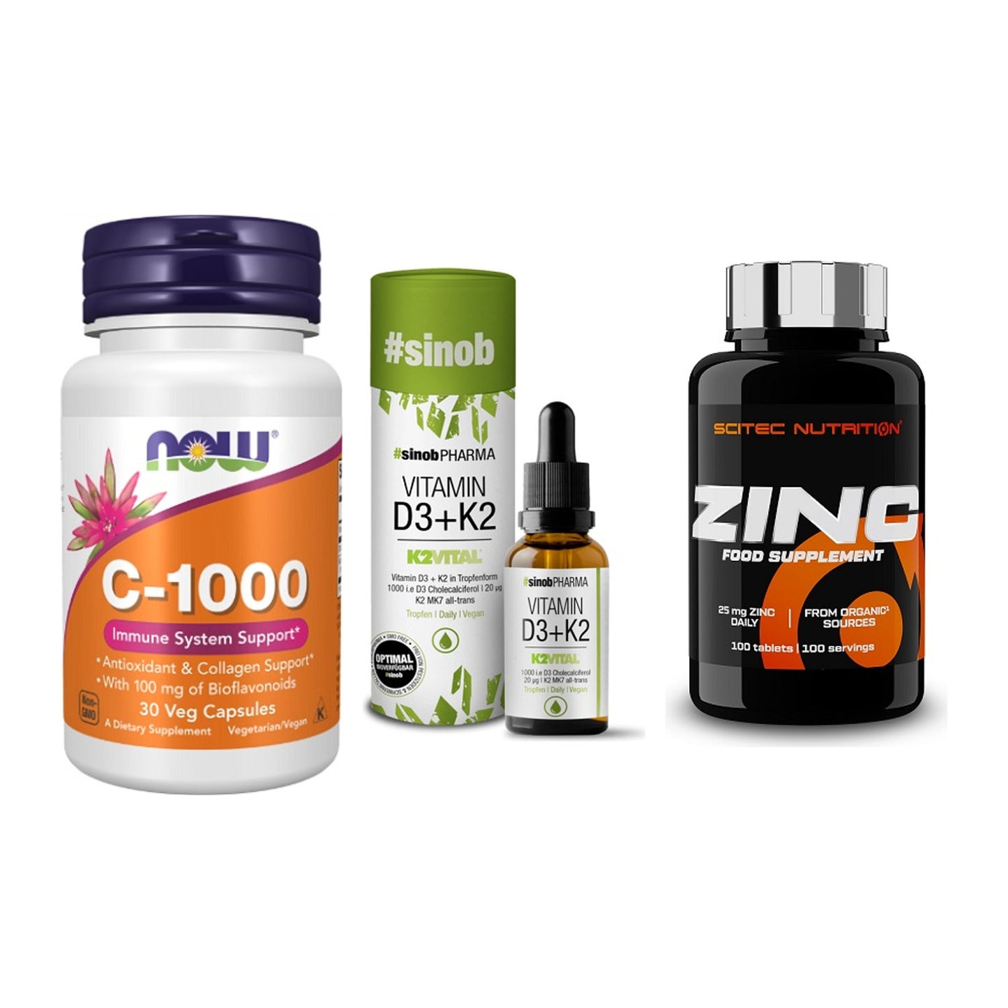 Immun-Set: Now Foods Vitamin + Sinob Vitamin D3 + Scitec Zinc – alle enthaltenen Artikel