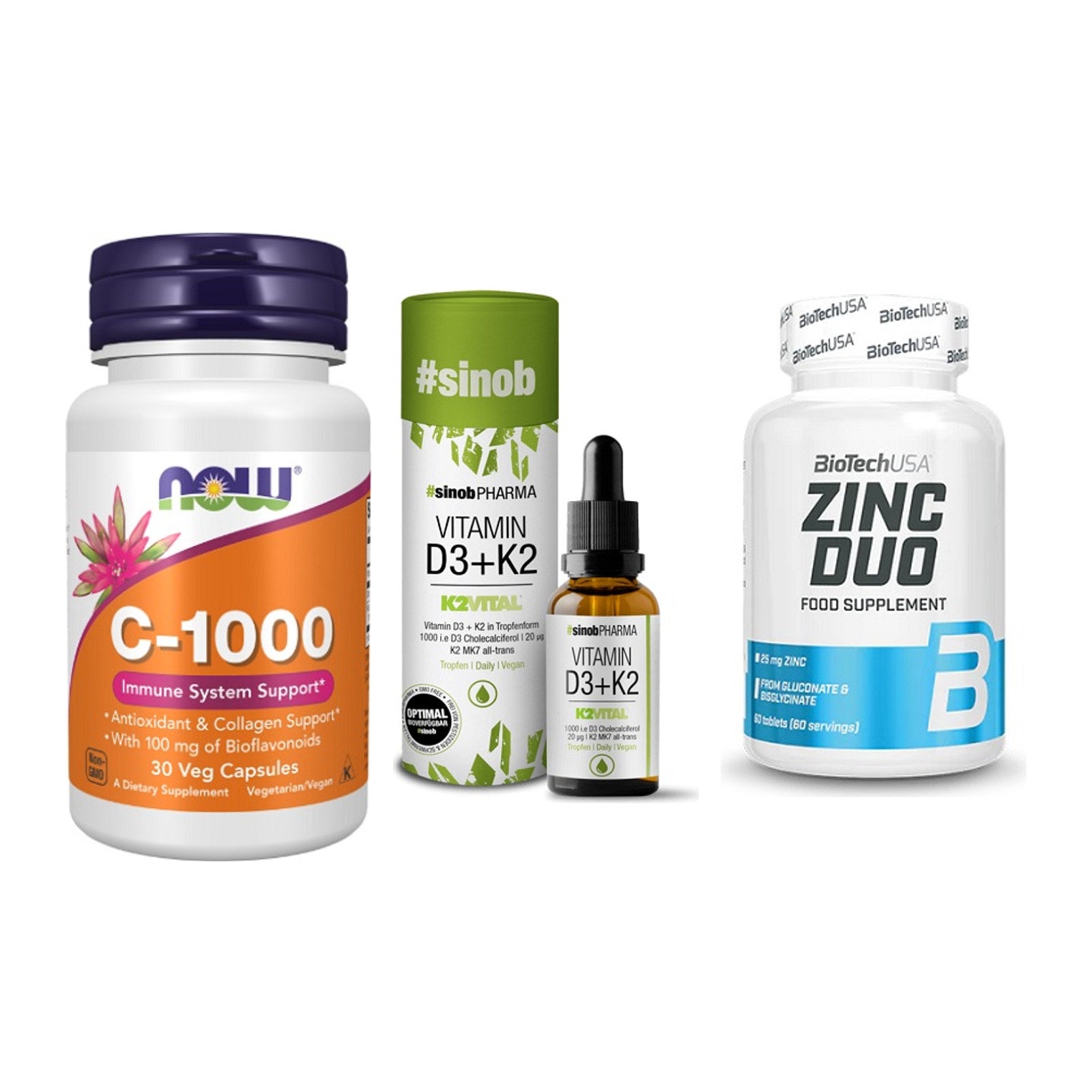 Immun-Set: Now Foods Vitamin + Sinob Vitamin D3 + BioTech Zinc Duo – alle enthaltenen Artikel