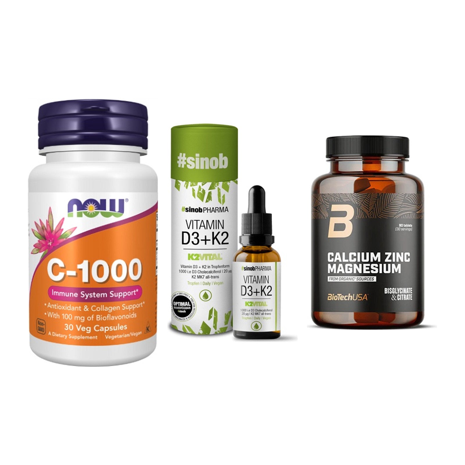 Immun-Set: Now Foods Vitamin + Sinob Vitamin D3 + BioTech Calcium – alle enthaltenen Artikel