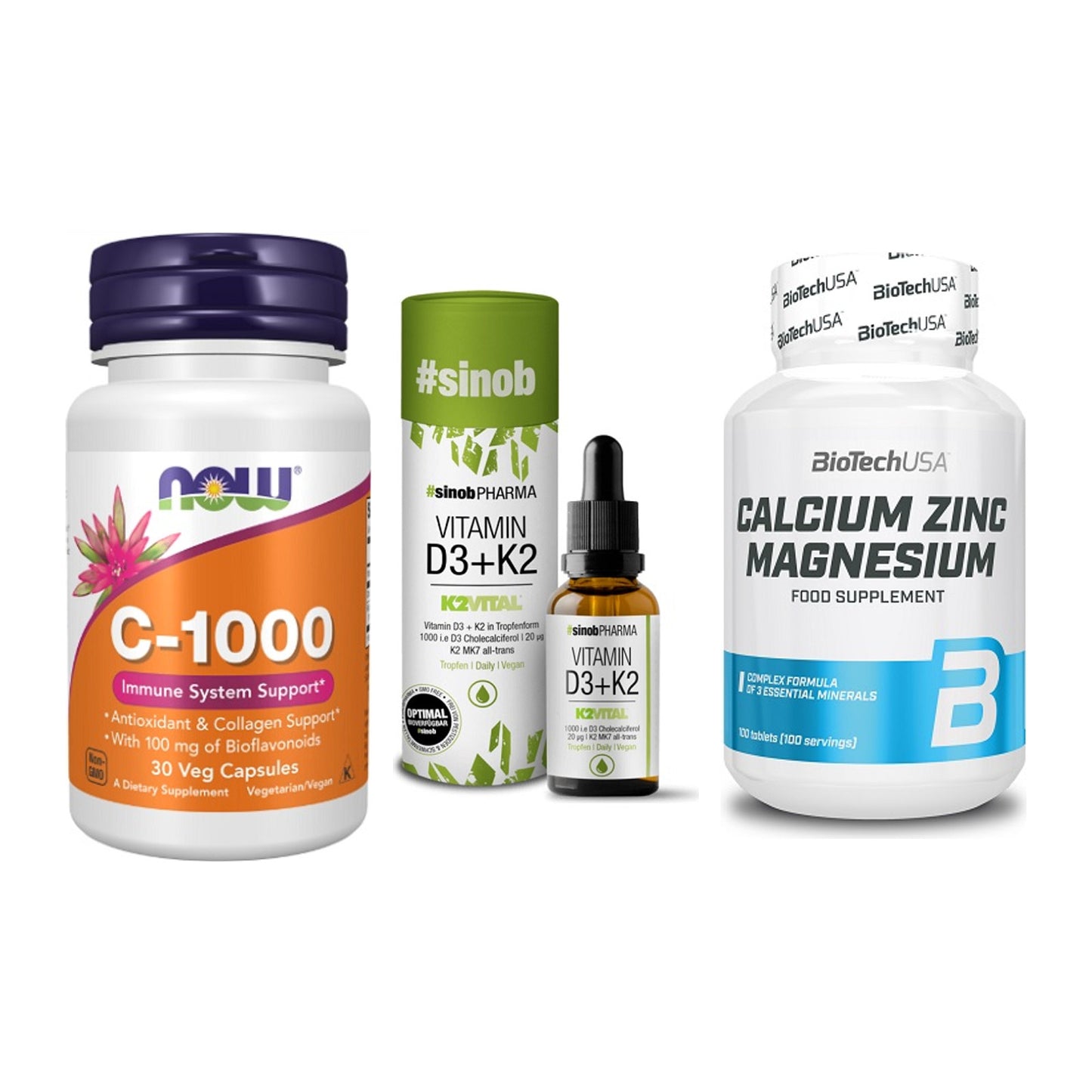 Immun-Set: Now Foods Vitamin + Sinob Vitamin D3 + BioTech Calcium – alle enthaltenen Artikel