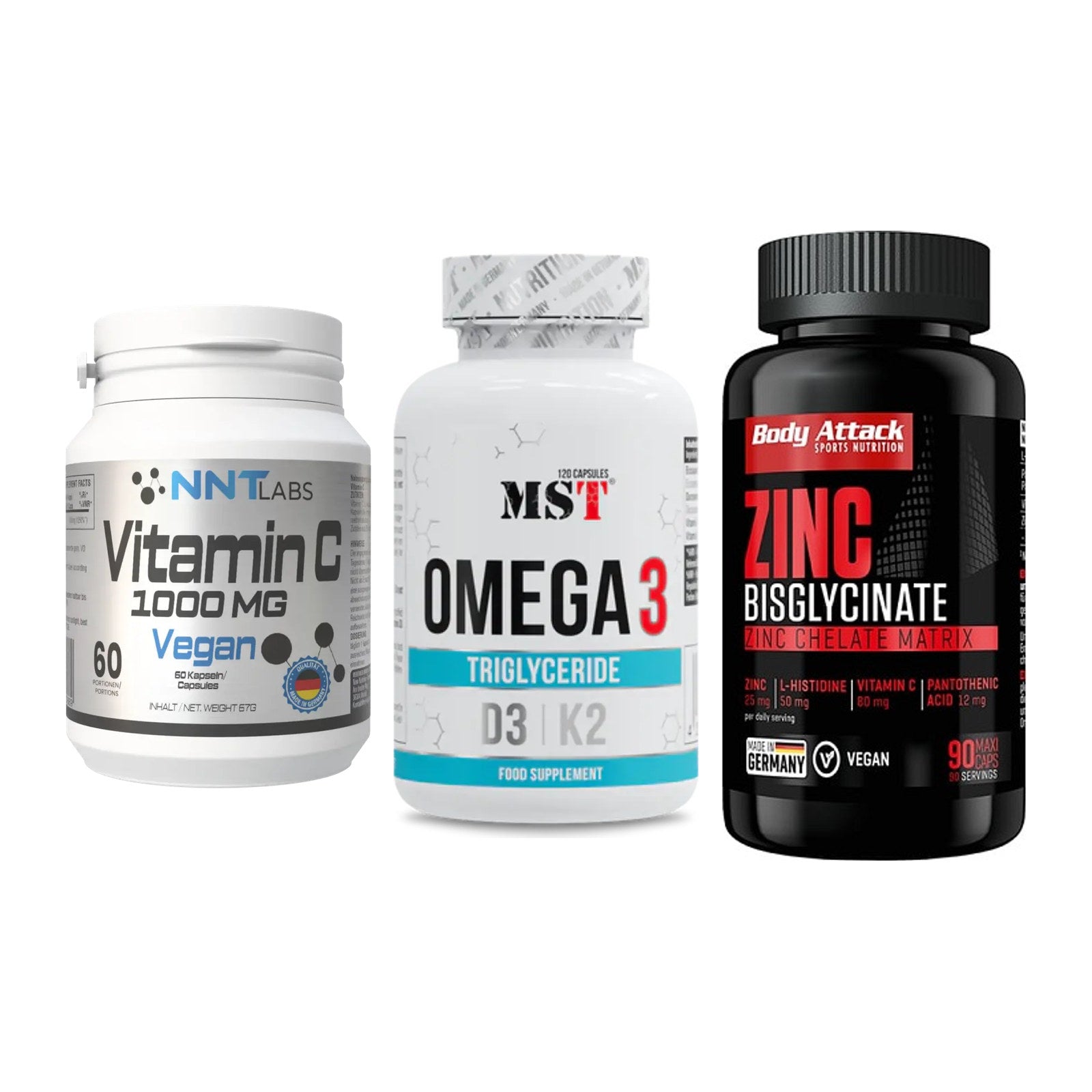 Immun-Set: NNT Vitamin C + MST Omega 3 500 + Body Attack Zink – alle enthaltenen Artikel