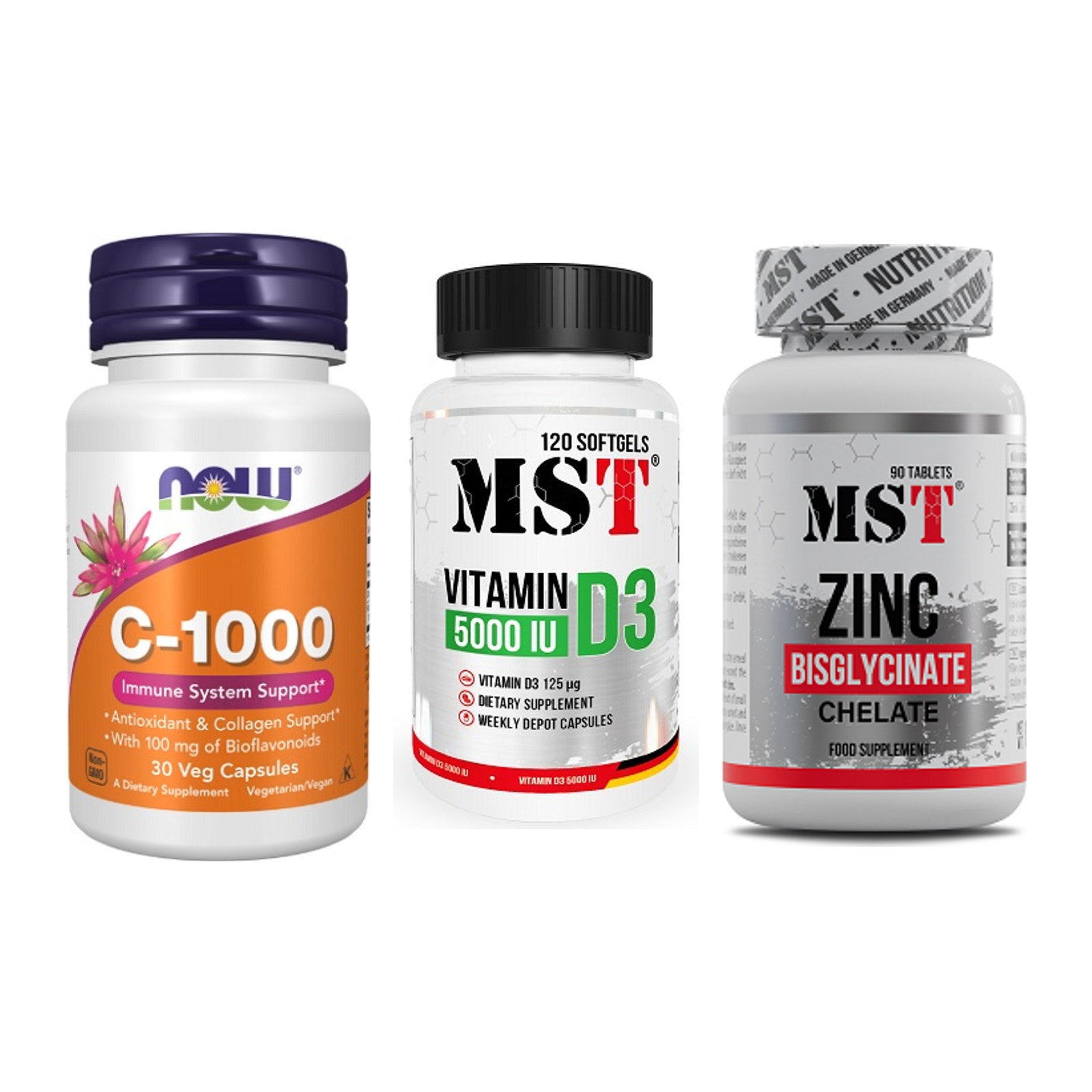 Immun-Set: Now Foods Vitamin + MST Vitamin D3 + MST Zinc Chelate – alle enthaltenen Artikel