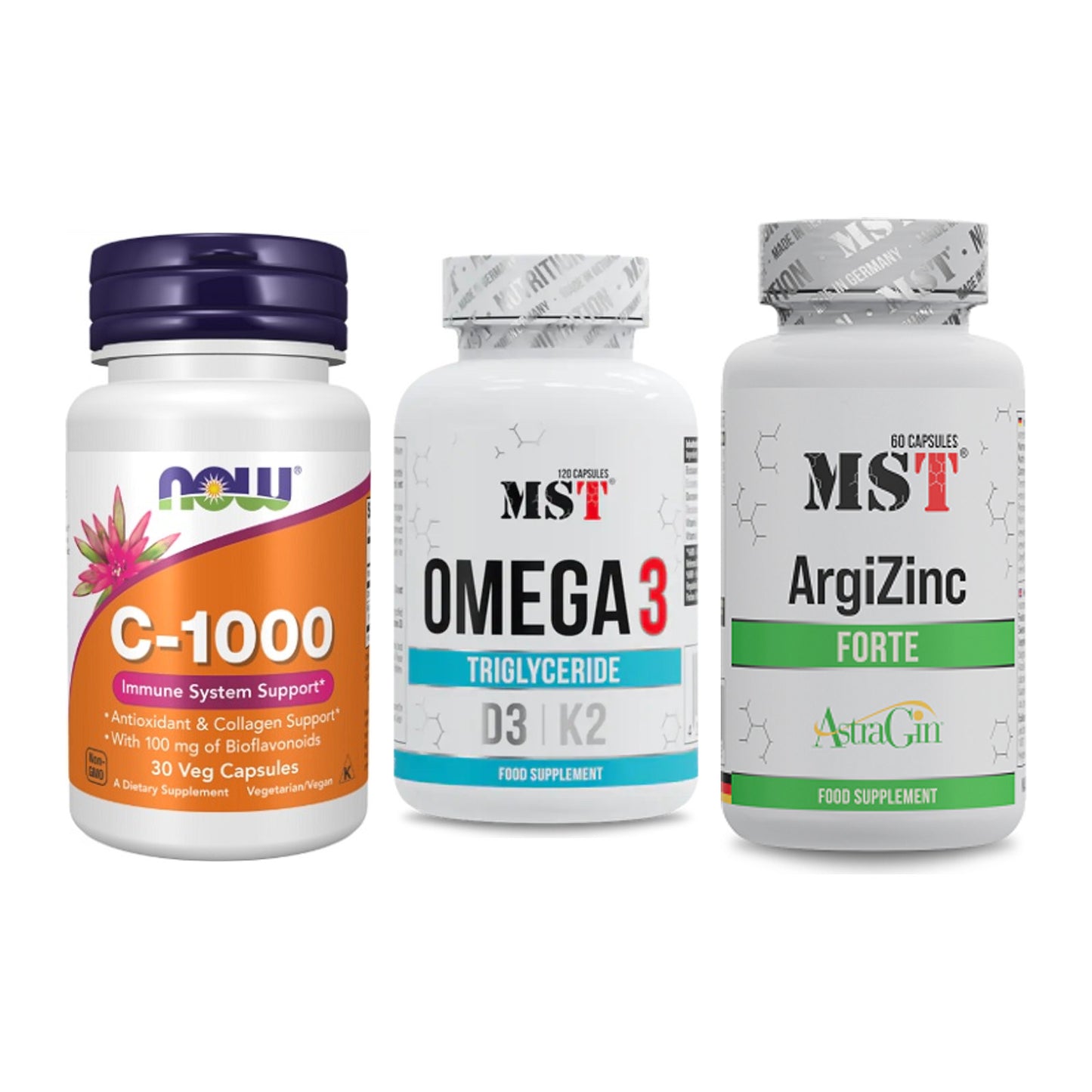 Immun-Set: Now Foods Vitamin + MST Omega 3 500 + MST ArgiZinc – alle enthaltenen Artikel
