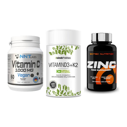 Immun-Set: NNT Vitamin C 1000 mg + Sinob Vitamin D3 + K2 + Scitec Zinc – alle enthaltenen Artikel