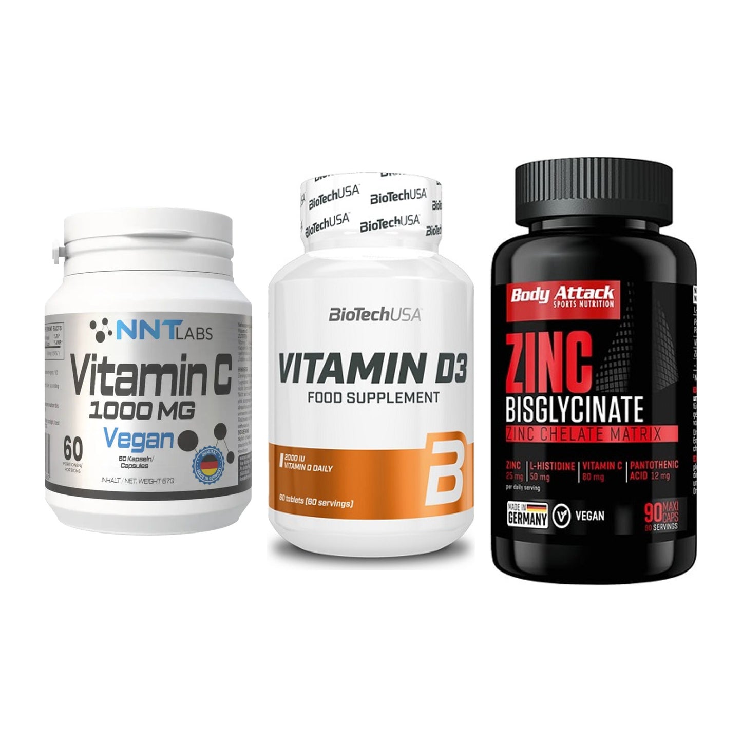 Immun-Set: NNT Vitamin C + BioTech Vitamin + Body Attack Zink – alle enthaltenen Artikel