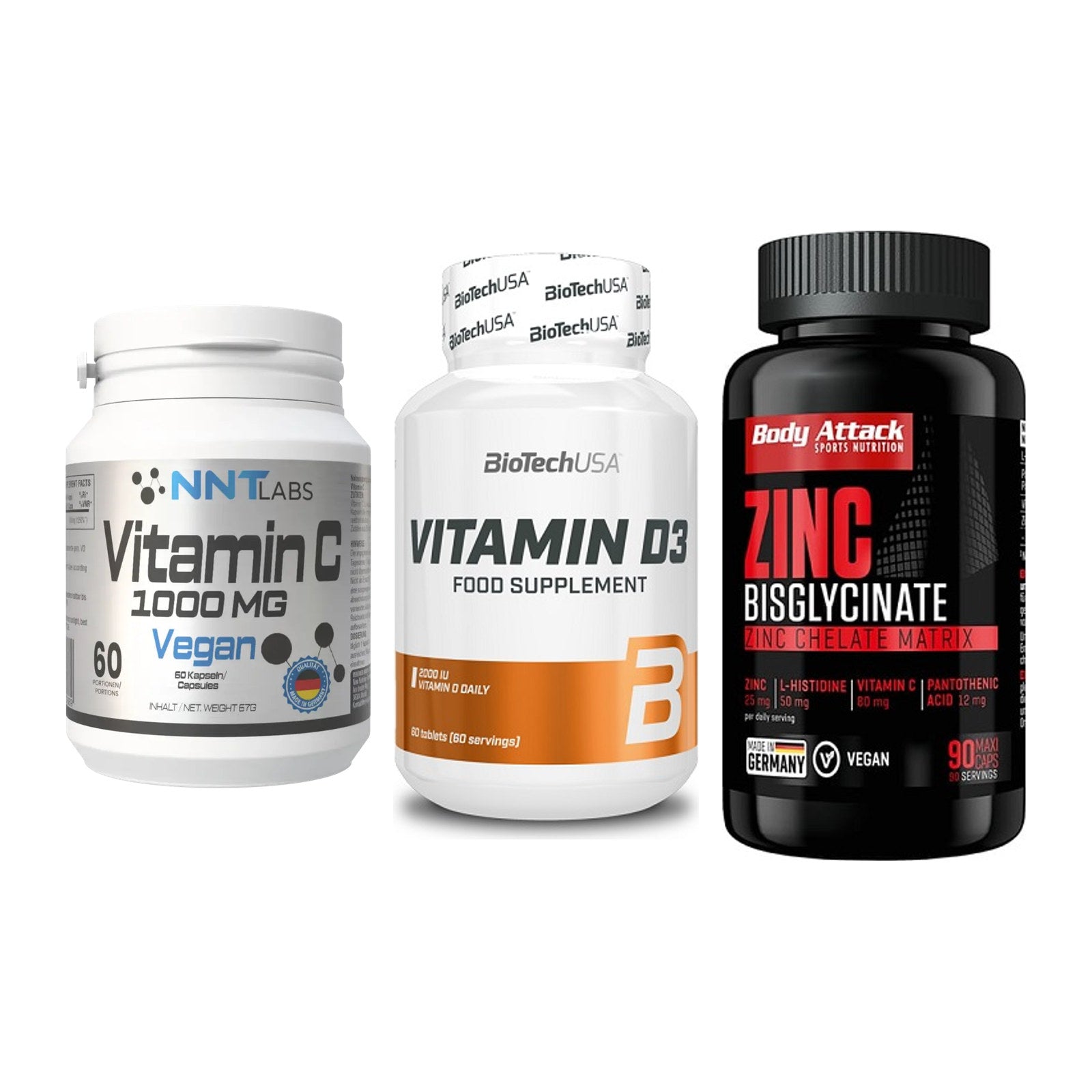 Immun-Set: NNT Vitamin C + BioTech Vitamin + Body Attack Zink – alle enthaltenen Artikel
