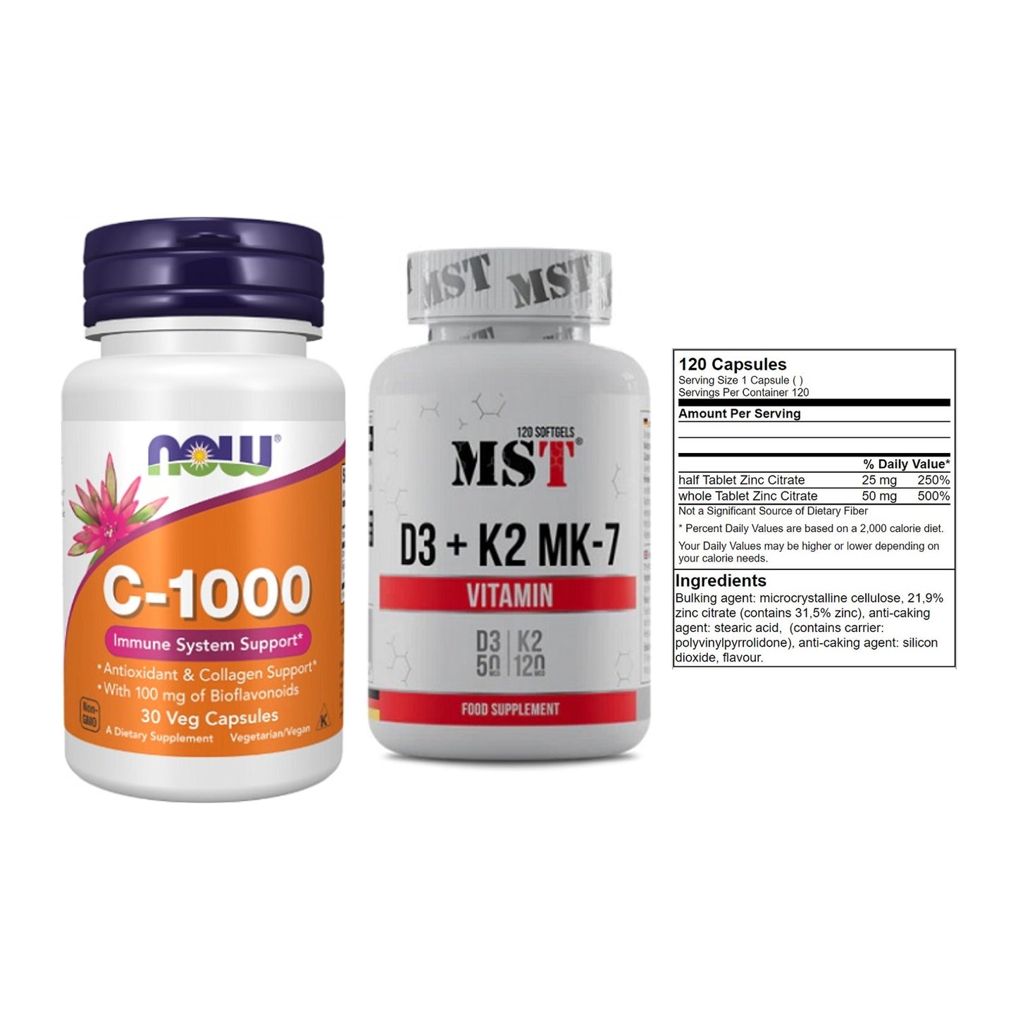 Immun-Set: Now Foods Vitamin + MST Vitamin D3 + GN Zinc Citrate – alle enthaltenen Artikel