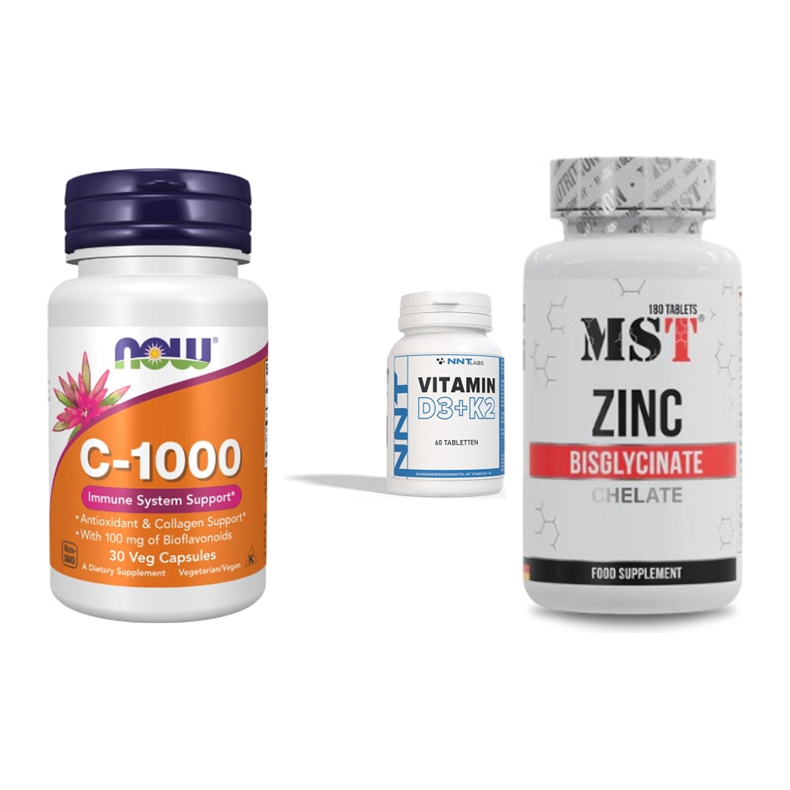 Immun-Set: Now Foods Vitamin + NNT Vitamin D3+K2 + MST Zinc Chelate – alle enthaltenen Artikel