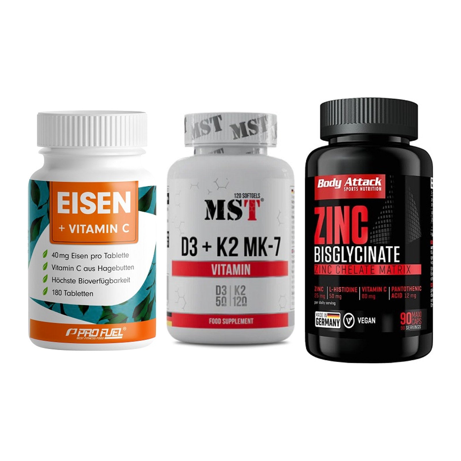 Immun-Set: ProFuel EISEN + MST Vitamin D3 + Body Attack Zink – alle enthaltenen Artikel