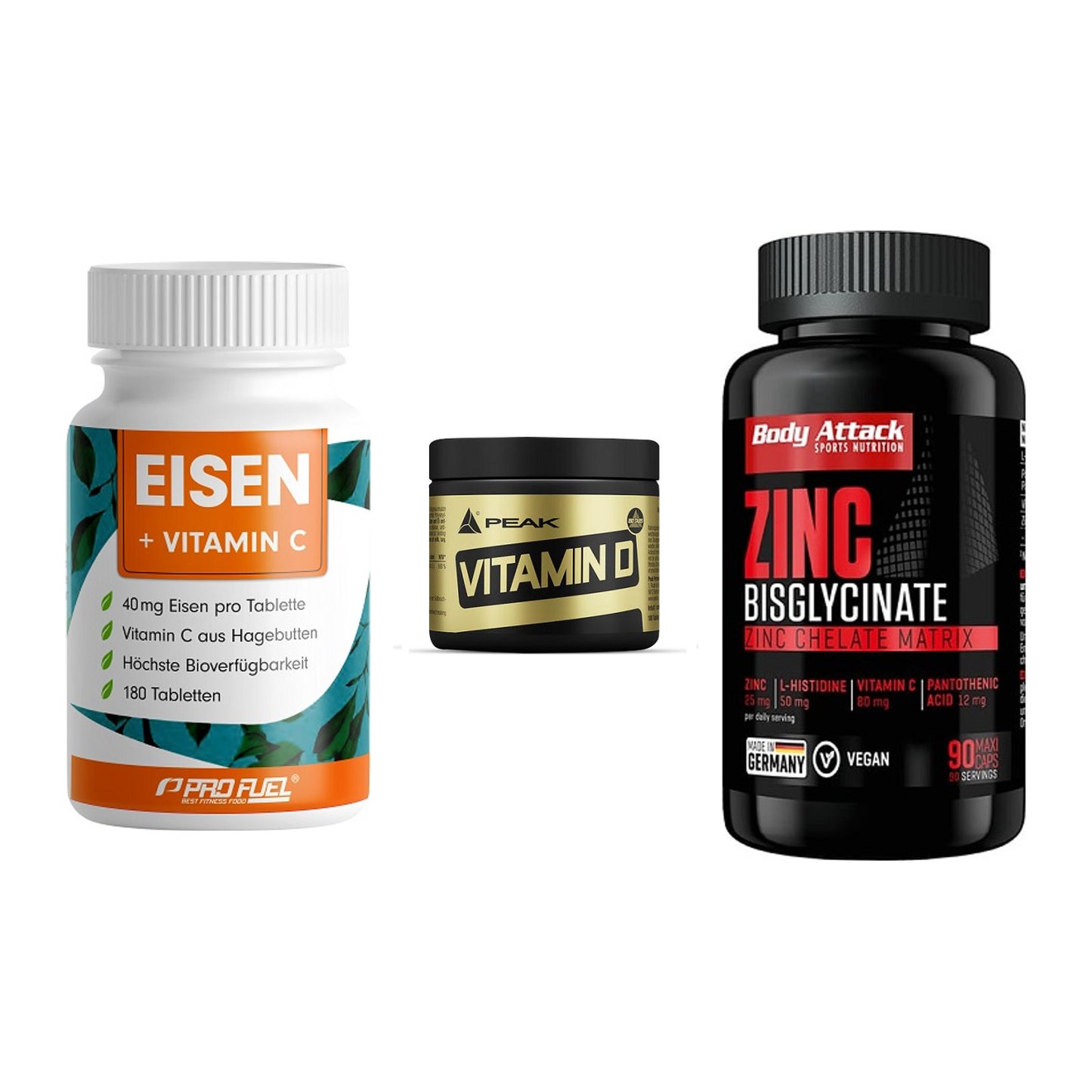 Immun-Set: ProFuel EISEN + Peak Vitamin D + Body Attack Zink – alle enthaltenen Artikel