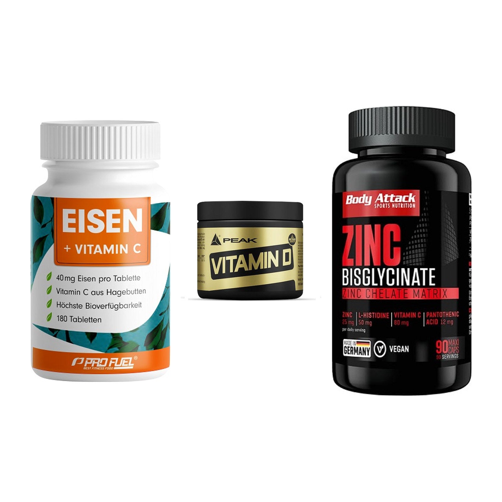 Immun-Set: ProFuel EISEN + Peak Vitamin D + Body Attack Zink – alle enthaltenen Artikel