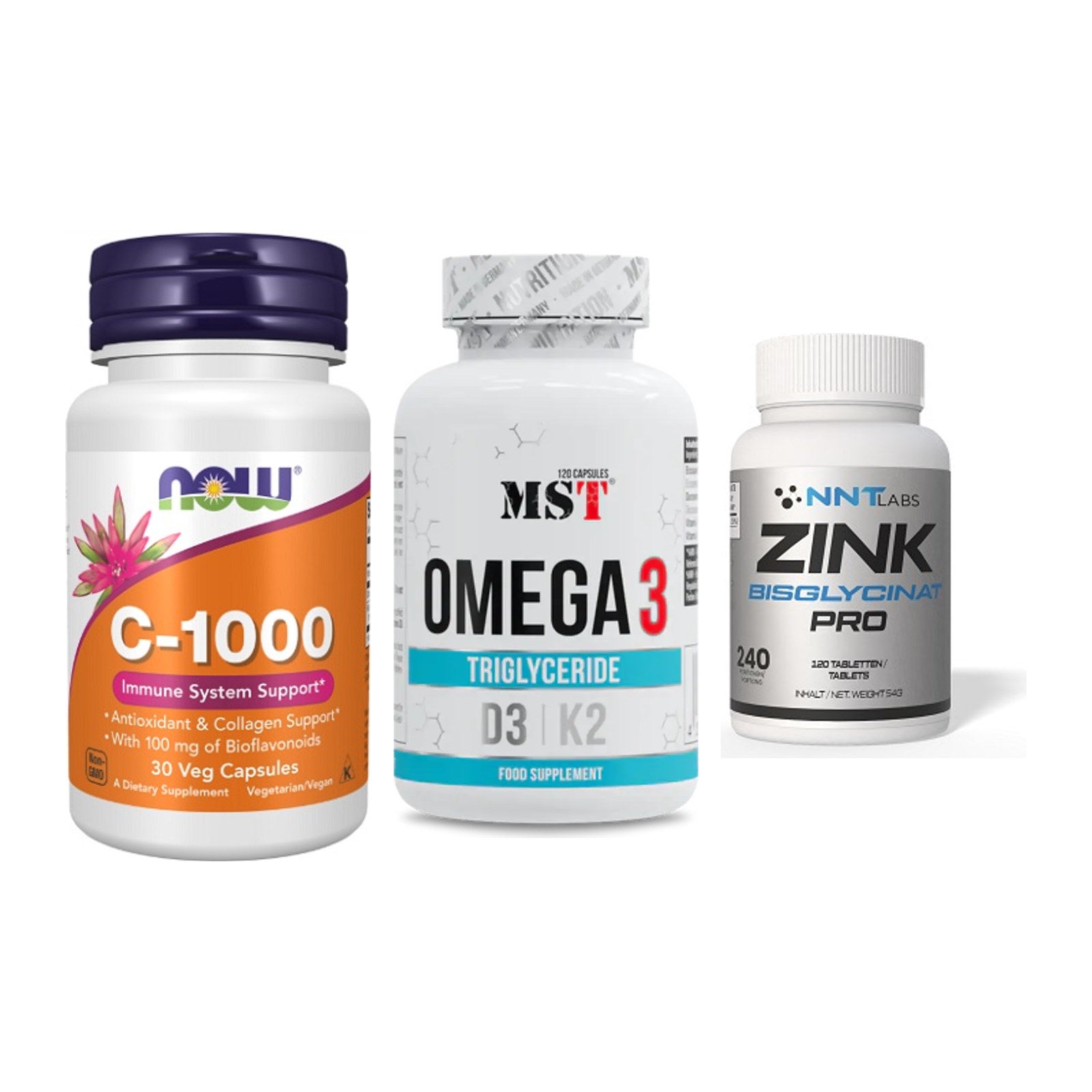 Immun-Set: Now Foods Vitamin + MST Omega 3 500 + NNT Zink 50mg – alle enthaltenen Artikel