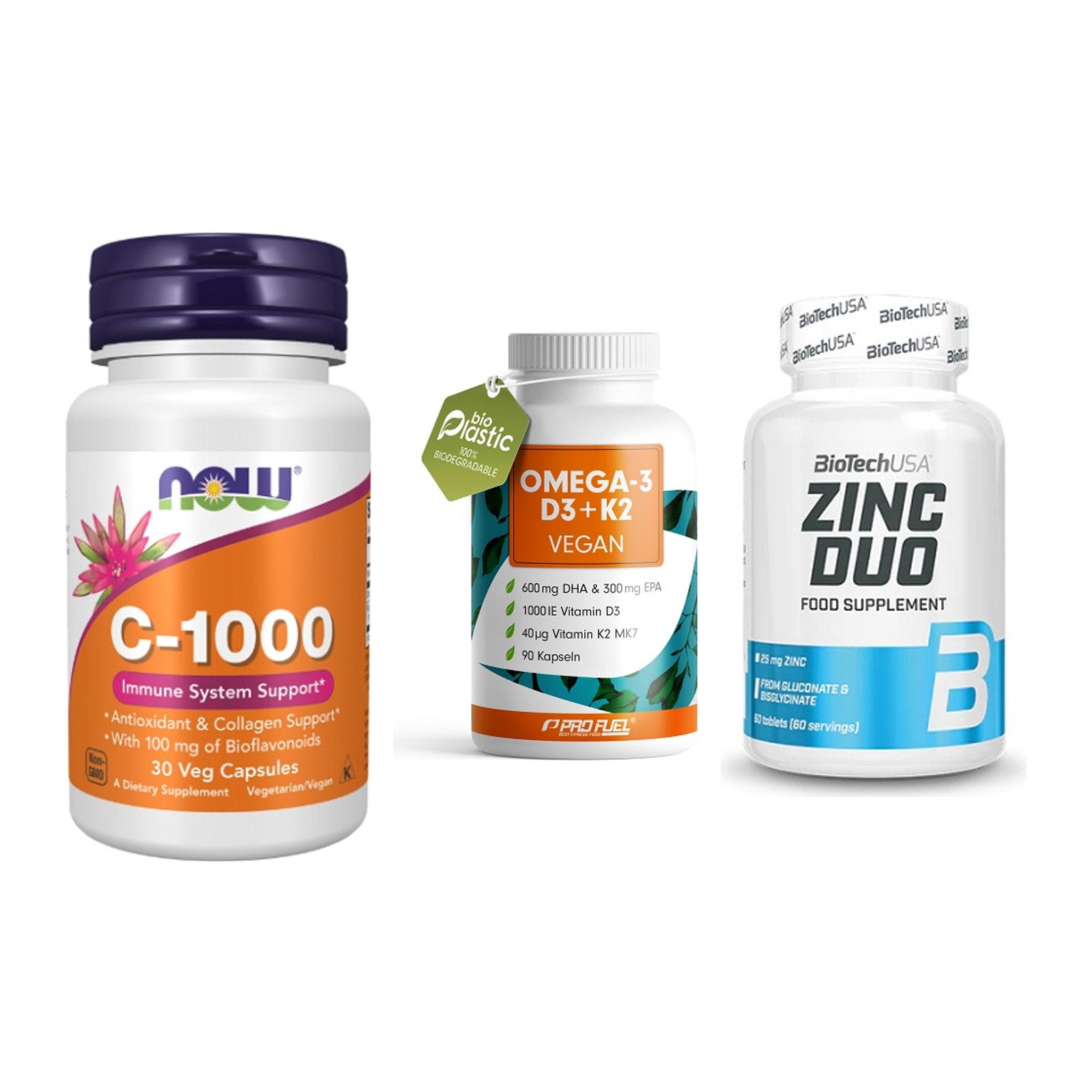 Immun-Set: Now Foods Vitamin + ProFuel Omega 3 + BioTech Zinc Duo – alle enthaltenen Artikel