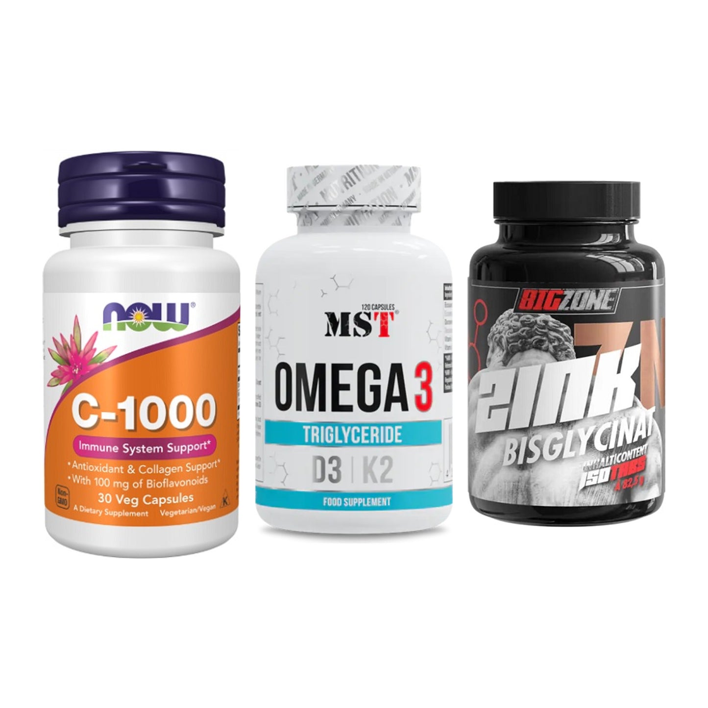 Immun-Set: Now Foods Vitamin + MST Omega 3 500 + Big Zone Zink – alle enthaltenen Artikel