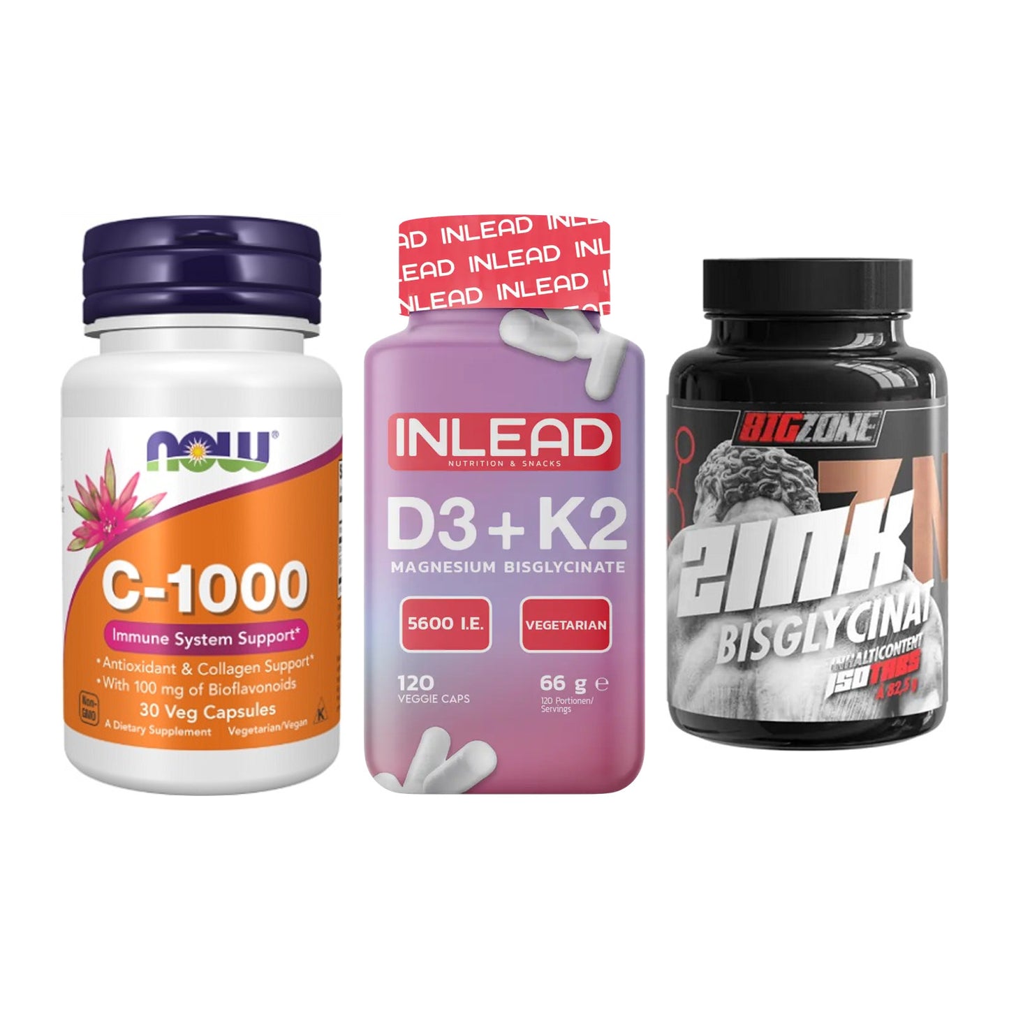 Immun-Set: Now Foods Vitamin + INLEAD Vitamin D3 + Big Zone Zink – alle enthaltenen Artikel