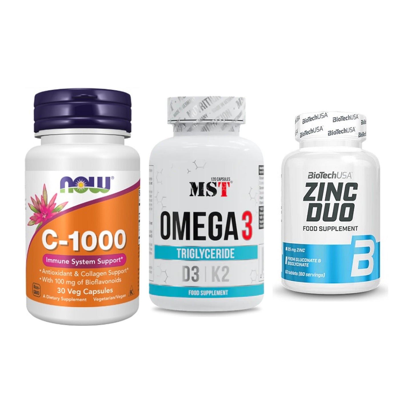 Immun-Set: Now Foods Vitamin + MST Omega 3 500 + BioTech Zinc Duo – alle enthaltenen Artikel