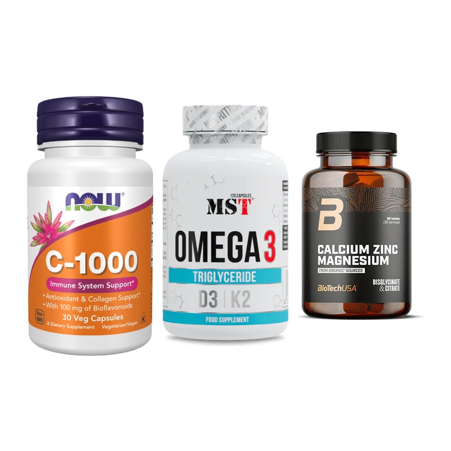 Immun-Set: Now Foods Vitamin + MST Omega 3 500 + BioTech Calcium – alle enthaltenen Artikel