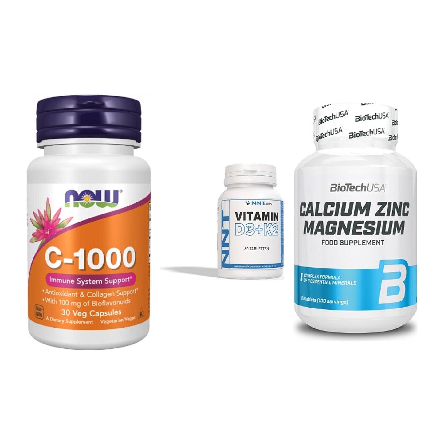 Immun-Set: Now Foods Vitamin + NNT Vitamin D3+K2 + BioTech Calcium – alle enthaltenen Artikel