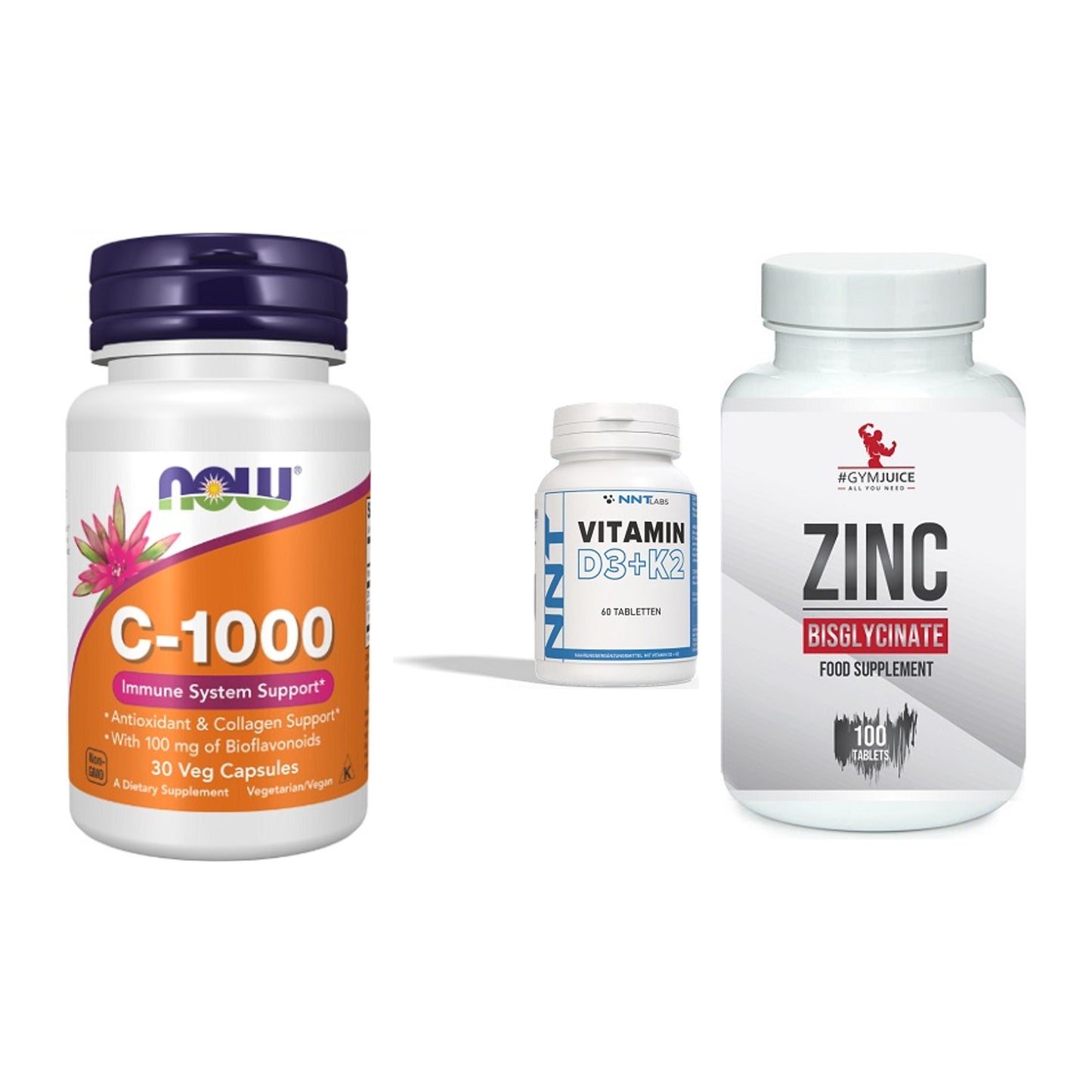 Immun-Set: Now Foods Vitamin + NNT Vitamin D3+K2 + #GYMJUICE ZINC – alle enthaltenen Artikel