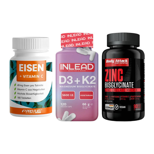 Immun-Set: ProFuel EISEN + INLEAD Vitamin D3 + Body Attack Zink – alle enthaltenen Artikel