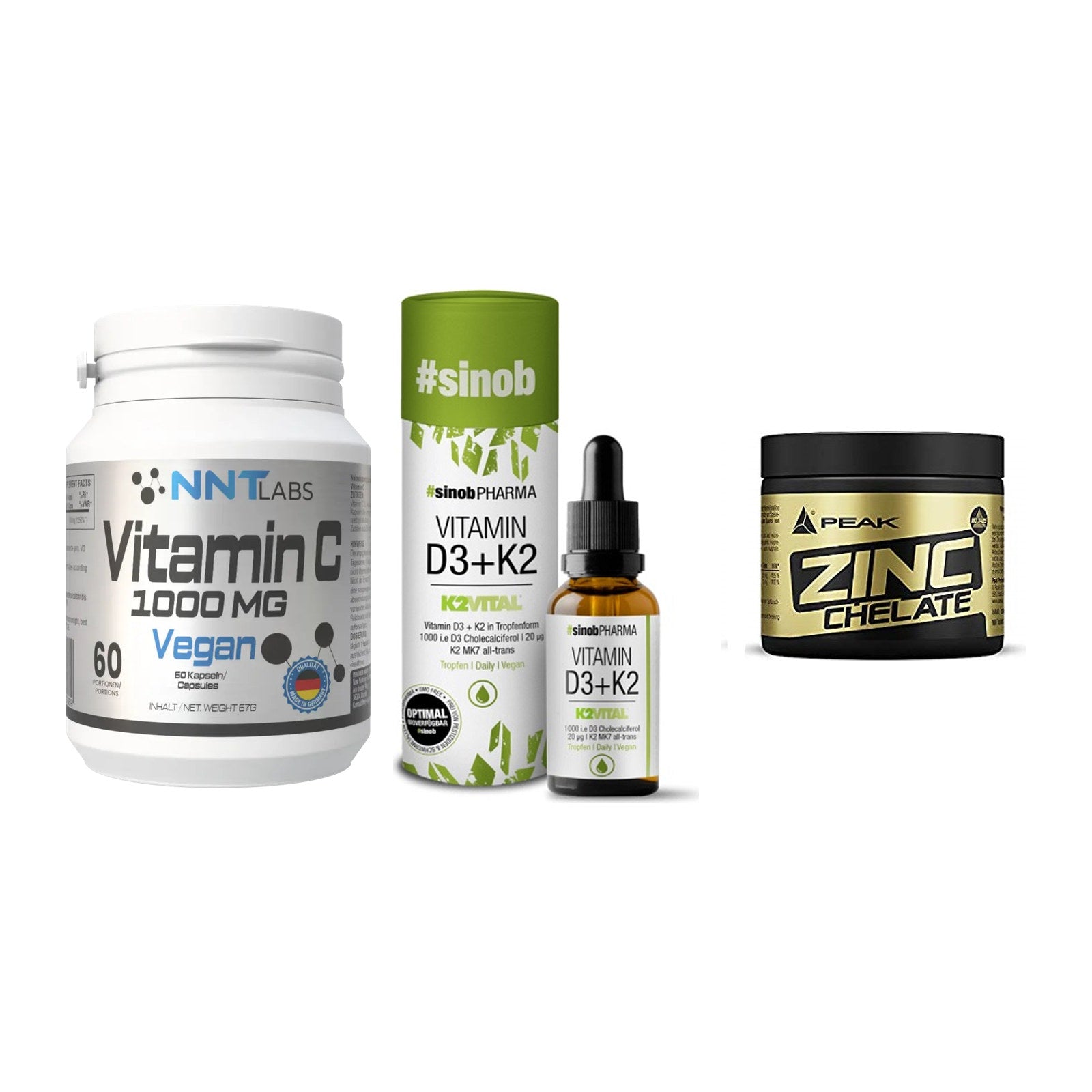 Immun-Set: NNT Vitamin C + Sinob Vitamin D3 + Peak Zink Chelat – alle enthaltenen Artikel