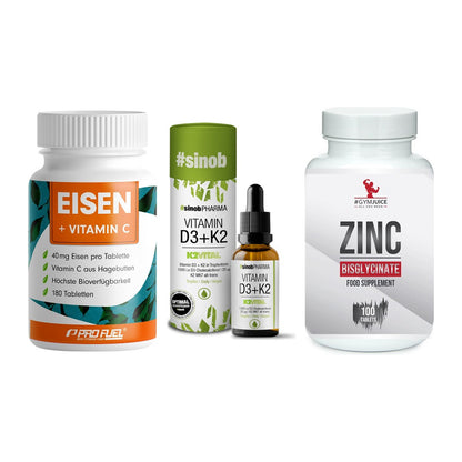 Immun-Set: ProFuel EISEN + Sinob Vitamin D3 + #GYMJUICE ZINC – alle enthaltenen Artikel