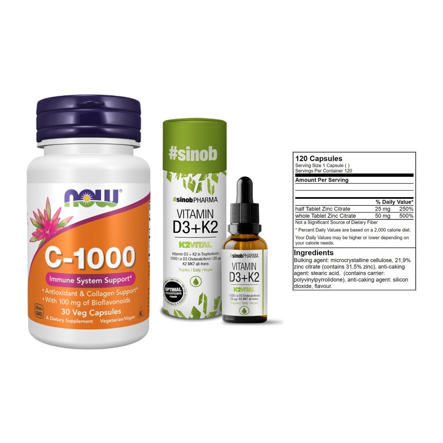 Immun-Set: Now Foods Vitamin + Sinob Vitamin D3 + GN Zinc Citrate – alle enthaltenen Artikel
