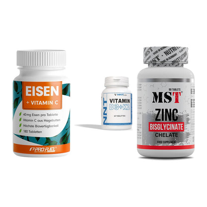 Immun-Set: ProFuel EISEN + NNT Vitamin D3+K2 + MST Zinc Chelate – alle enthaltenen Artikel