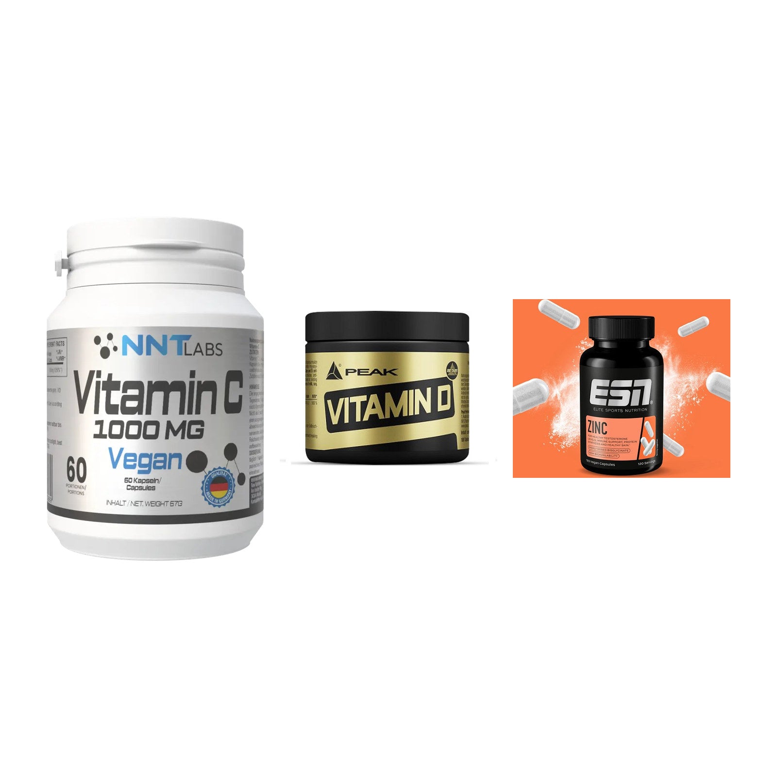 Immun-Set: NNT Vitamin C 1000 mg + Peak Vitamin D 180 Tabl. + ESN Zinc – alle enthaltenen Artikel