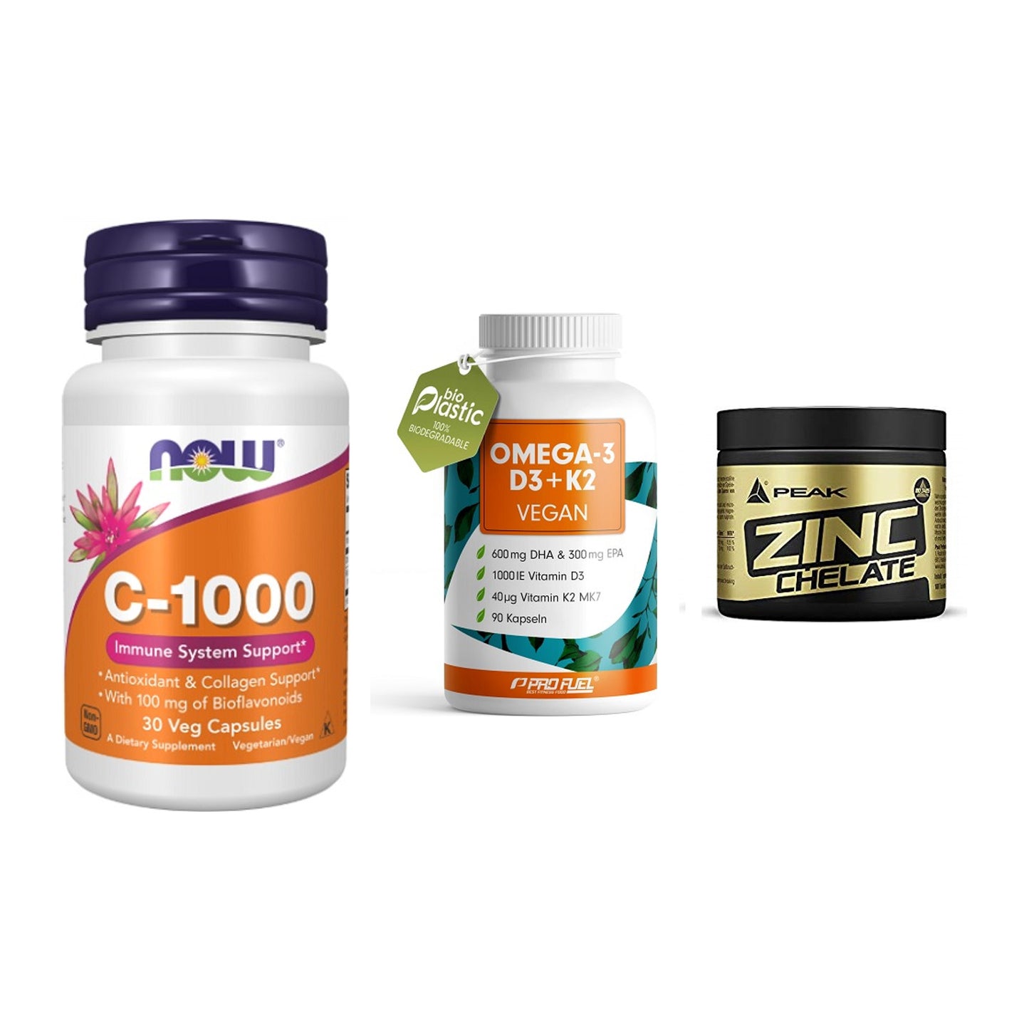 Immun-Set: Now Foods Vitamin + ProFuel Omega 3 + Peak Zink Chelat – alle enthaltenen Artikel