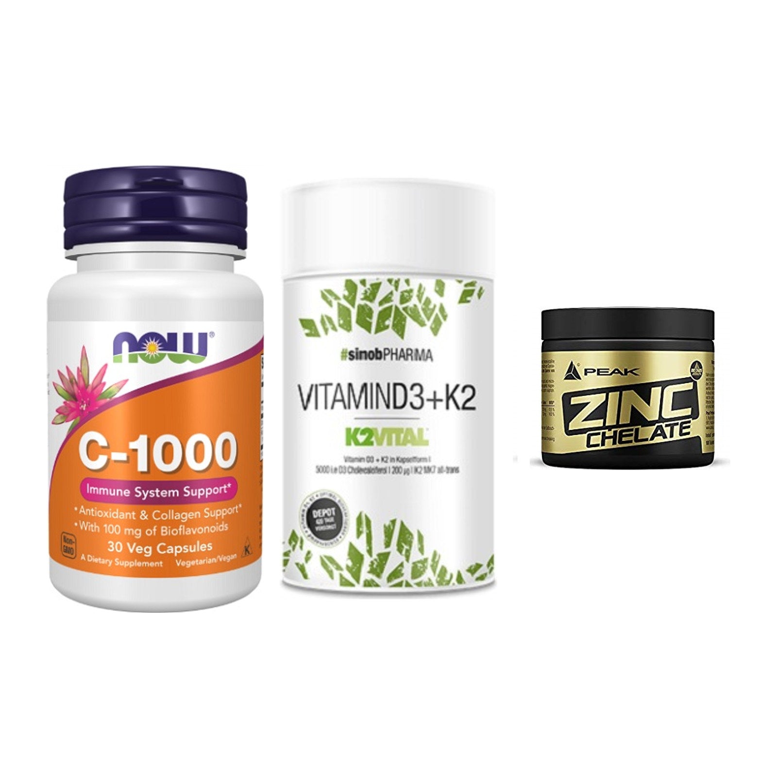 Immun-Set: Now Foods Vitamin + Sinob Vitamin D3 + Peak Zink Chelat – alle enthaltenen Artikel