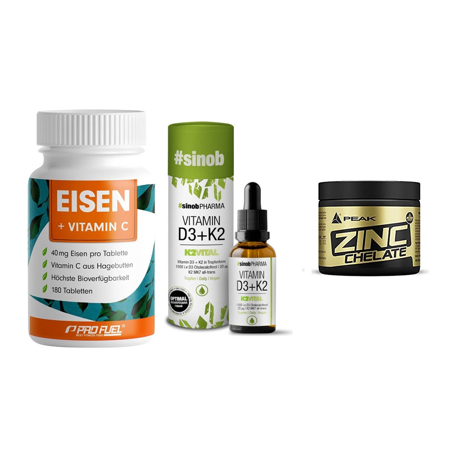 Immun-Set: ProFuel EISEN + Sinob Vitamin D3 + Peak Zink Chelat – alle enthaltenen Artikel