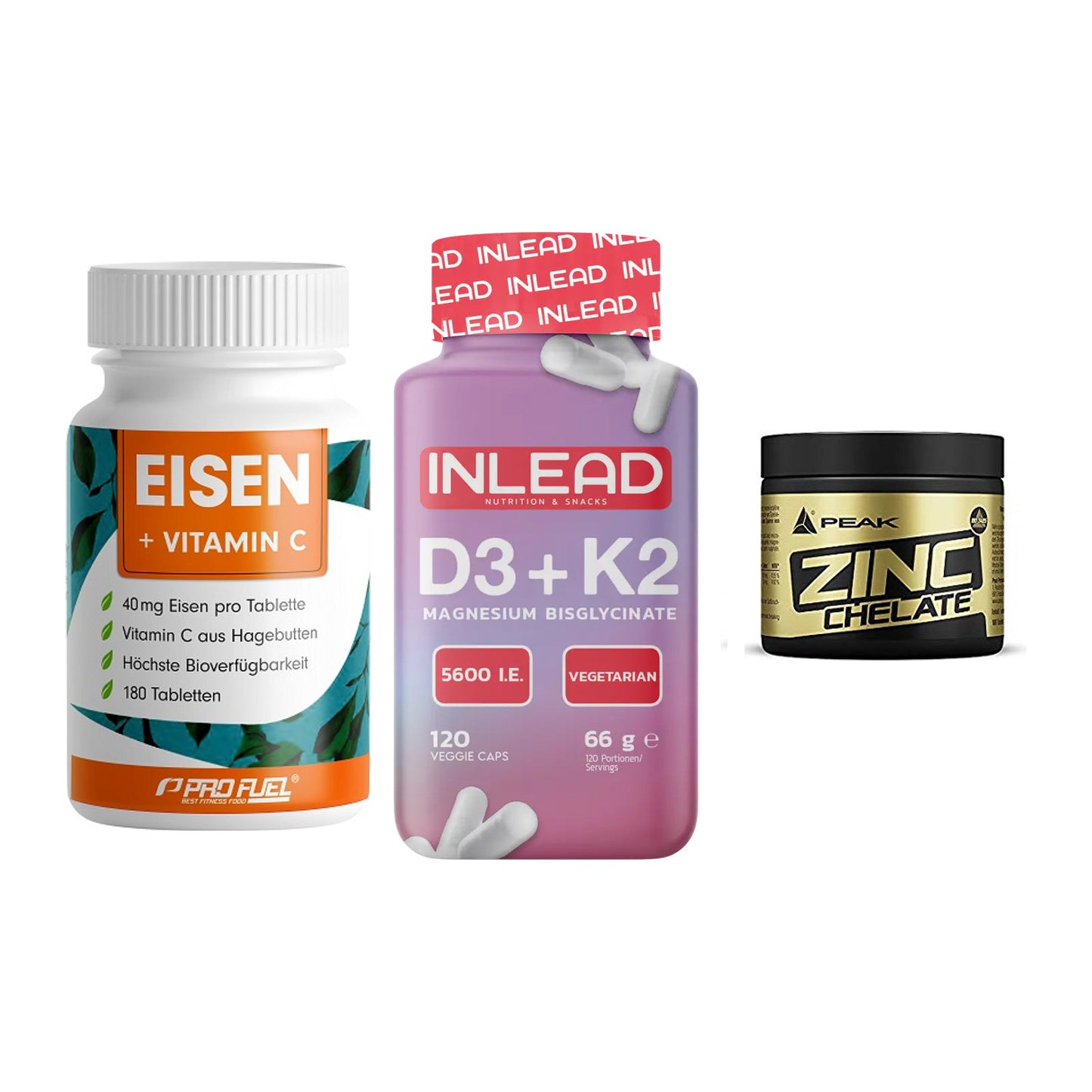 Immun-Set: ProFuel EISEN + INLEAD Vitamin D3 + Peak Zink Chelat – alle enthaltenen Artikel