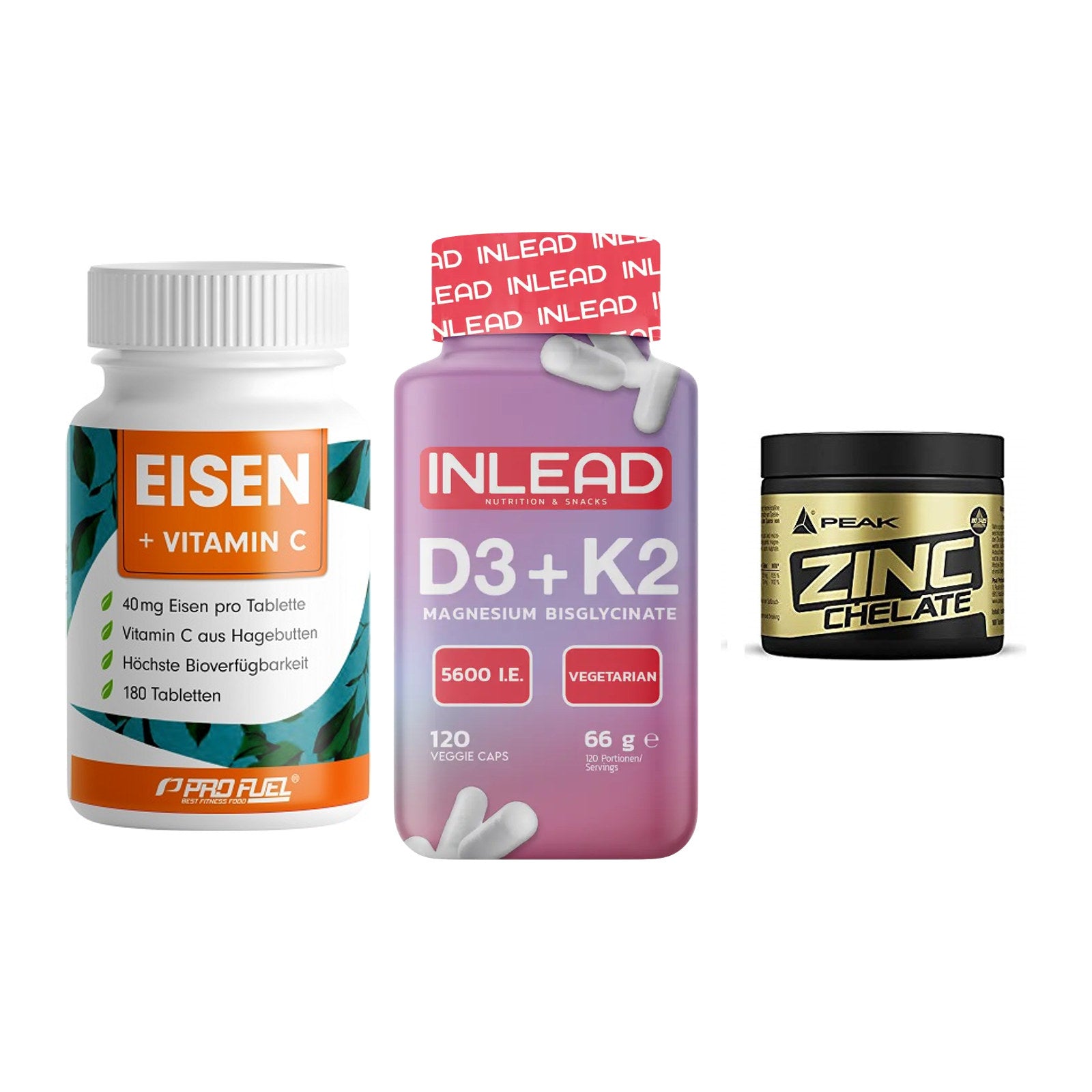 Immun-Set: ProFuel EISEN + INLEAD Vitamin D3 + Peak Zink Chelat – alle enthaltenen Artikel