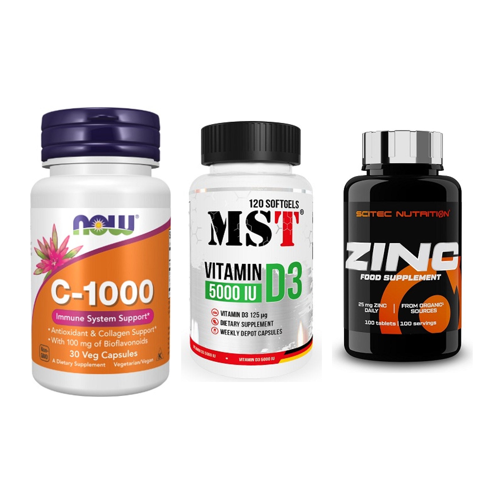 Immun-Set: Now Foods Vitamin + MST Vitamin D3 + Scitec Zinc – alle enthaltenen Artikel