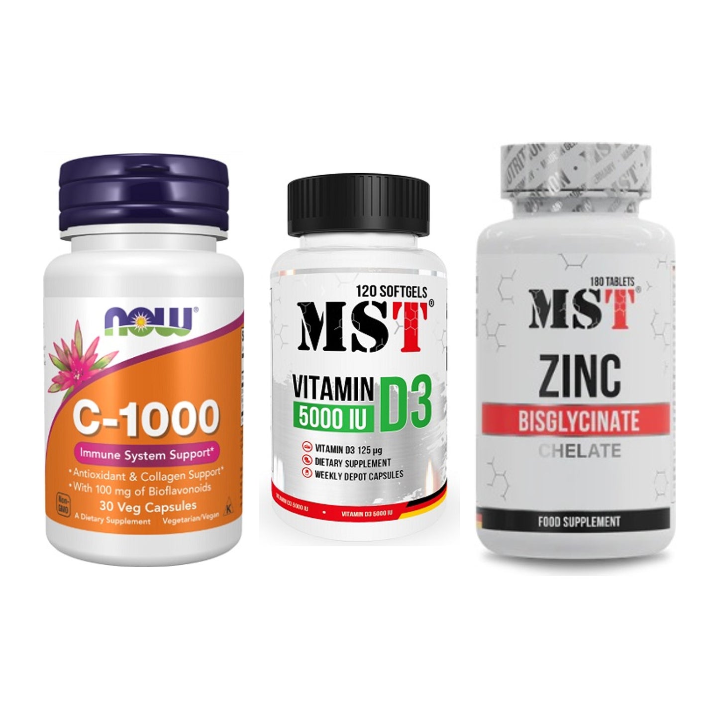 Immun-Set: Now Foods Vitamin + MST Vitamin D3 + MST Zinc Chelate – alle enthaltenen Artikel