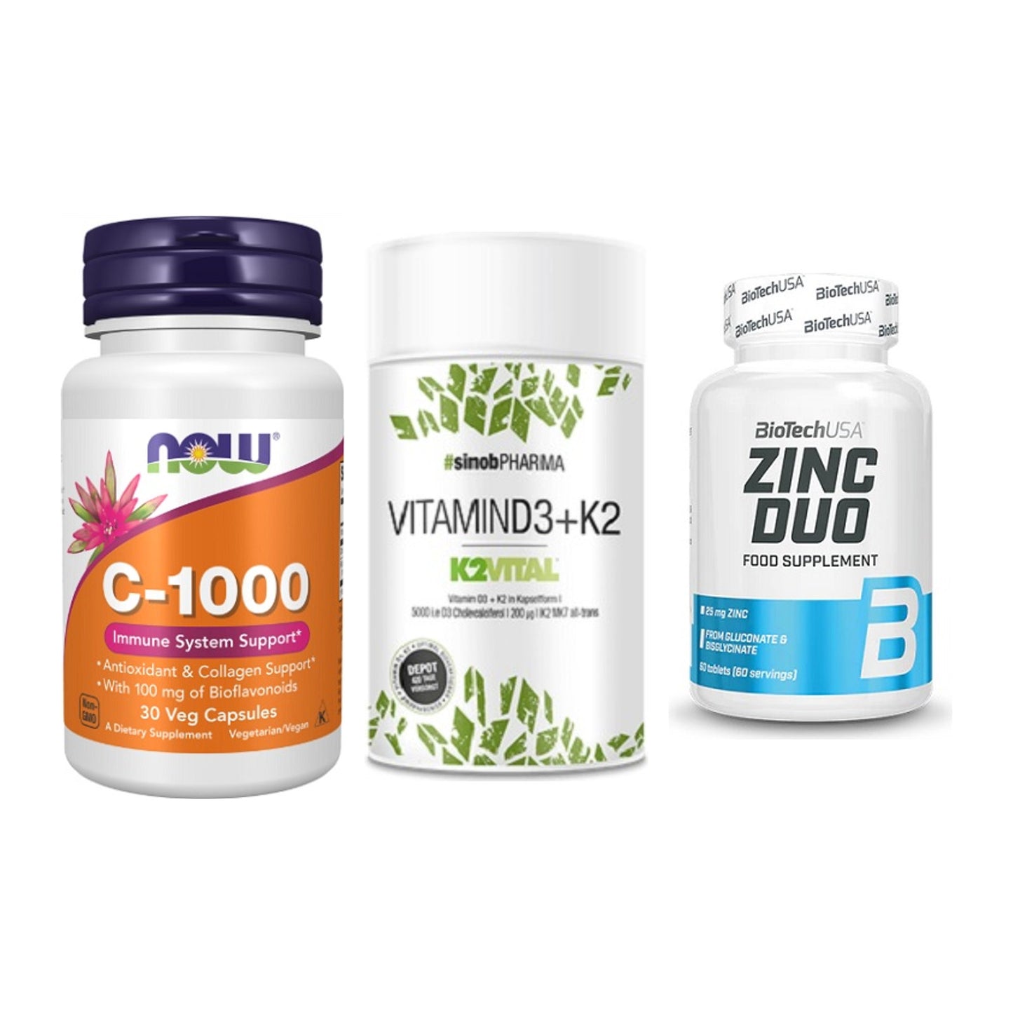 Immun-Set: Now Foods Vitamin + Sinob Vitamin D3 + BioTech Zinc Duo – alle enthaltenen Artikel