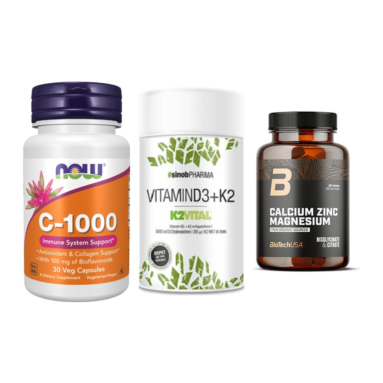 Immun-Set: Now Foods Vitamin + Sinob Vitamin D3 + BioTech Calcium – alle enthaltenen Artikel