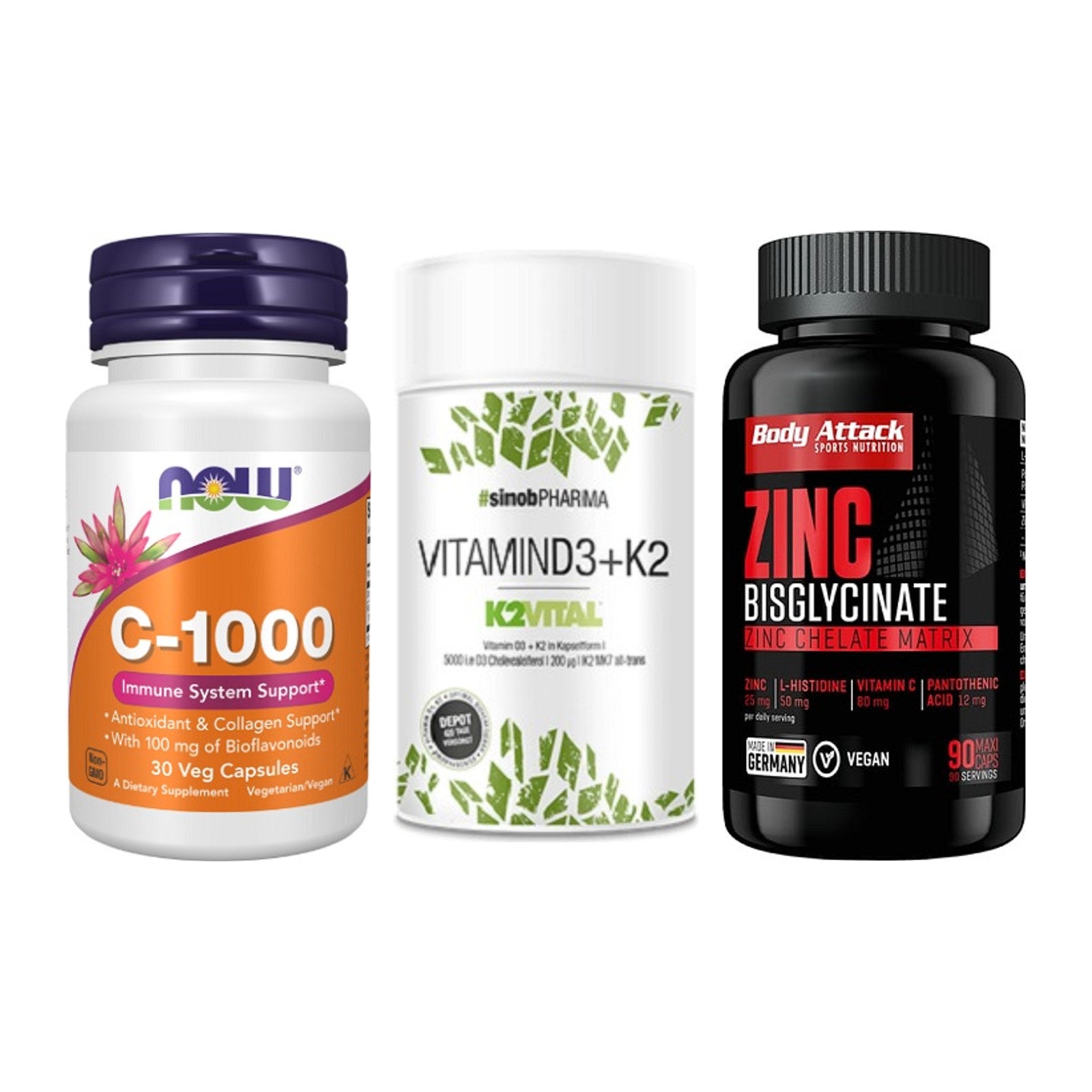 Immun-Set: Now Foods Vitamin + Sinob Vitamin D3 + Body Attack Zink – alle enthaltenen Artikel