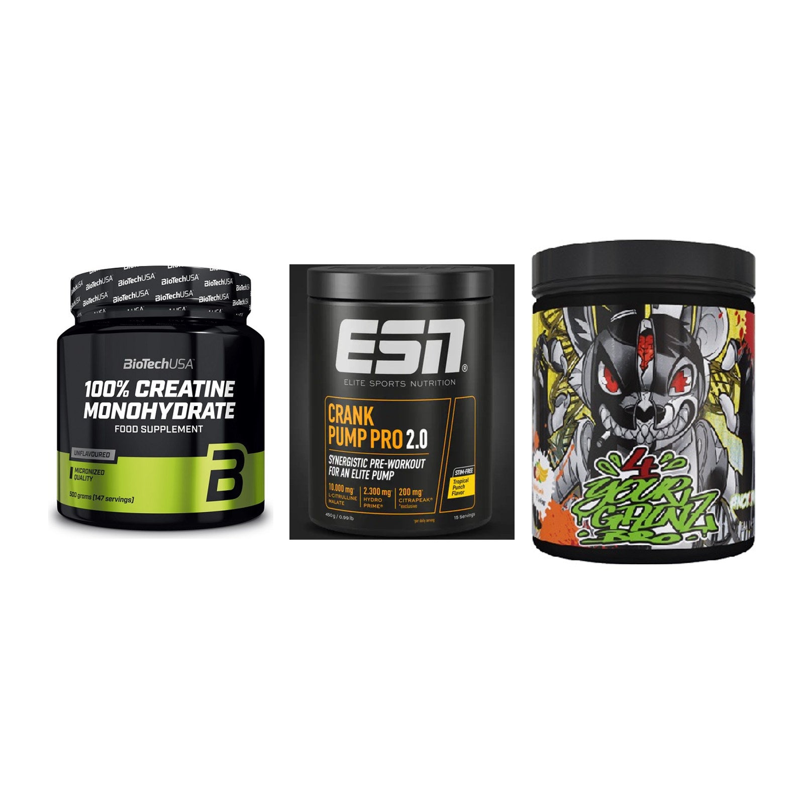 Kraft-Stack: BioTech Creatine + ESN Crank Pump + BPS-Pharma EAA´s – alle enthaltenen Artikel