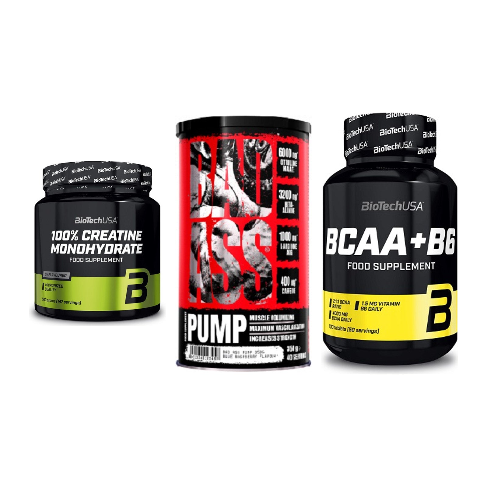 Kraft-Stack: BioTech Creatine + BAD ASS Pump + BioTech BCAA+B6 – alle enthaltenen Artikel