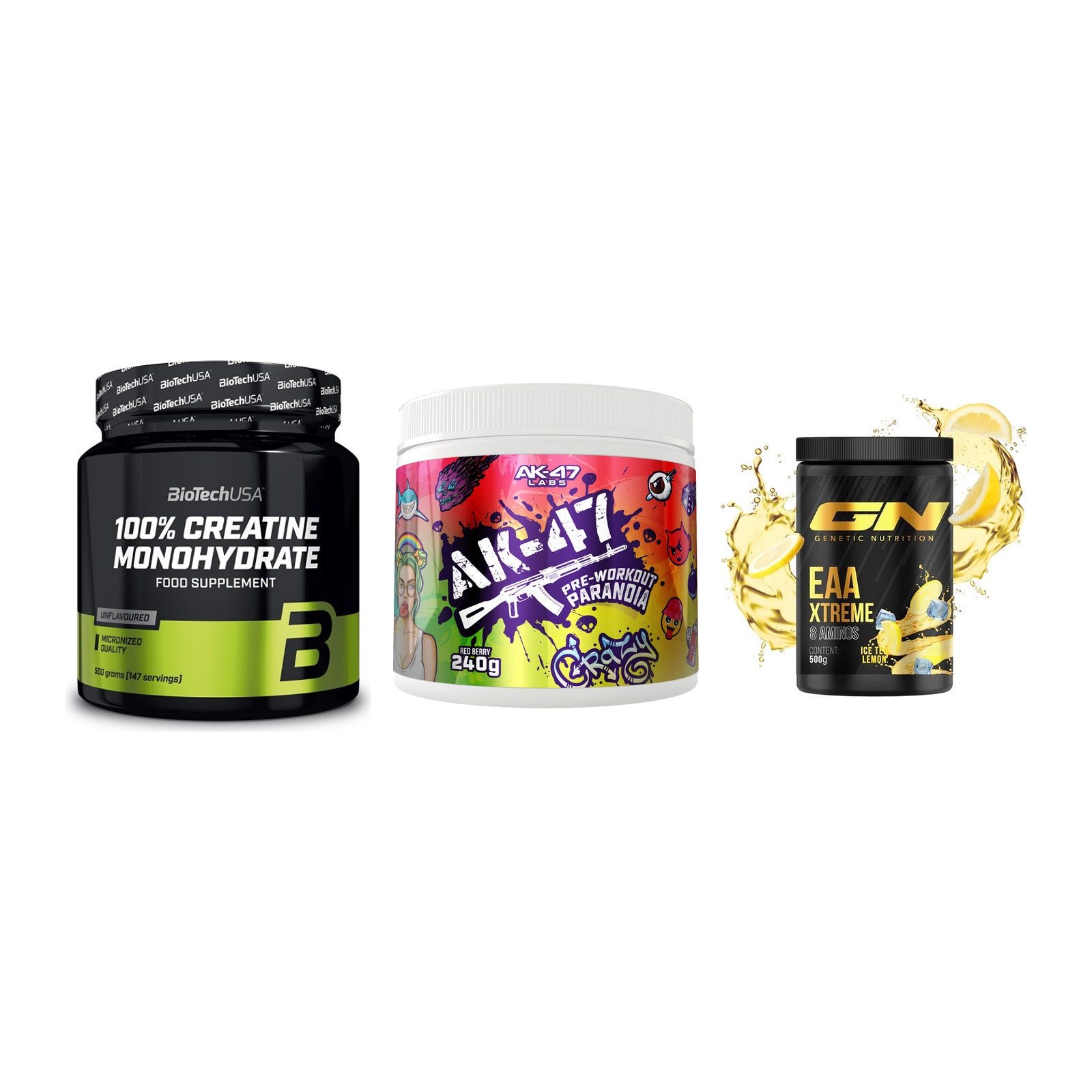 Kraft-Stack: BioTech Creatine + AK47 Labs + GN EAA Xtreme – alle enthaltenen Artikel