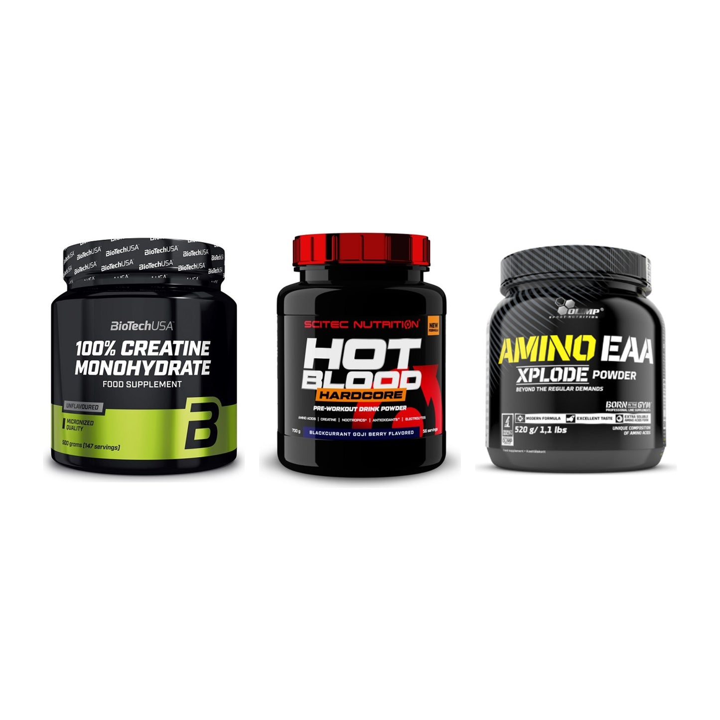 Kraft-Stack: BioTech Creatine + Scitec Hot Blood + Olimp Amino EAA – alle enthaltenen Artikel