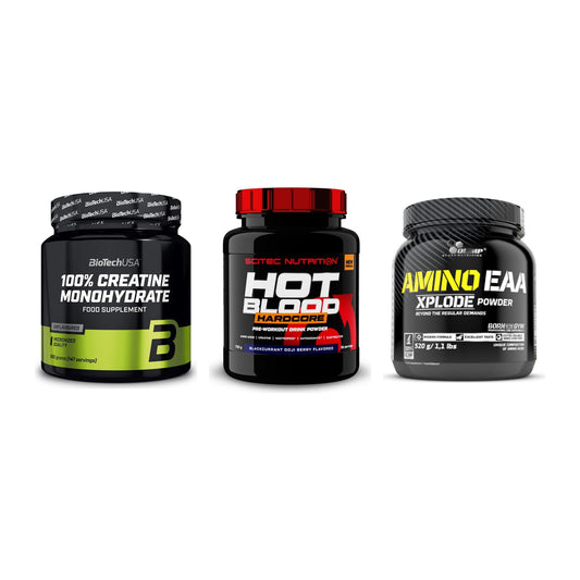 Kraft-Stack: BioTech Creatine + Scitec Hot Blood + Olimp Amino EAA – alle enthaltenen Artikel