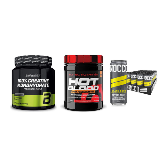Kraft-Stack: BioTech Creatine + Scitec Hot Blood + Nocco BCAA Drink – alle enthaltenen Artikel
