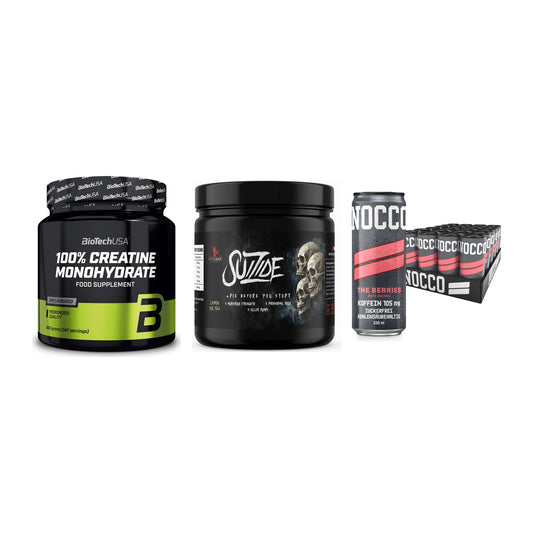 Kraft-Stack: BioTech Creatine + #GYMJUICE SUIZIDE + Nocco BCAA Drink – alle enthaltenen Artikel