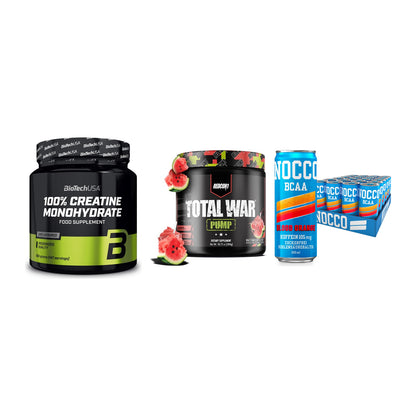 Kraft-Stack: BioTech Creatine + Redcon1 Total War + Nocco BCAA Drink – alle enthaltenen Artikel