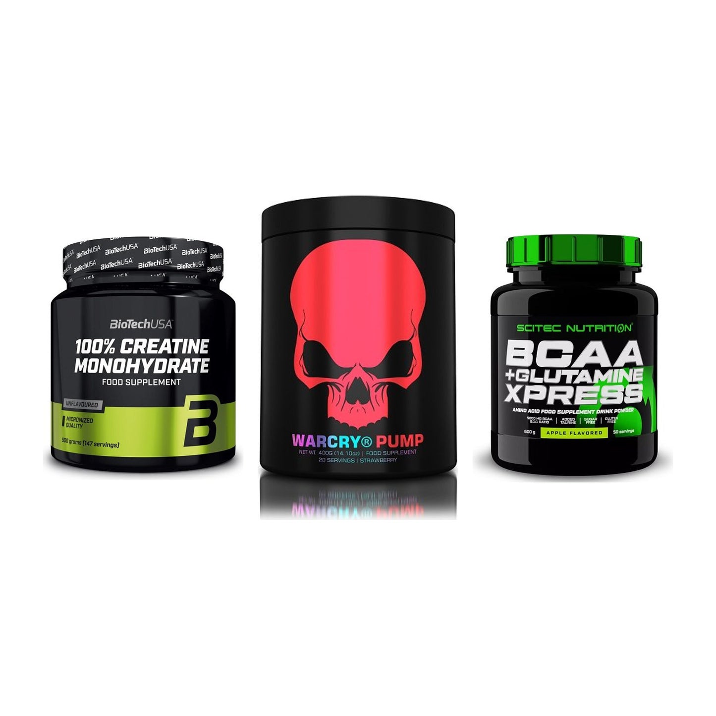 Kraft-Stack: BioTech Creatine + Genius Nutrition + Scitec BCAA – alle enthaltenen Artikel