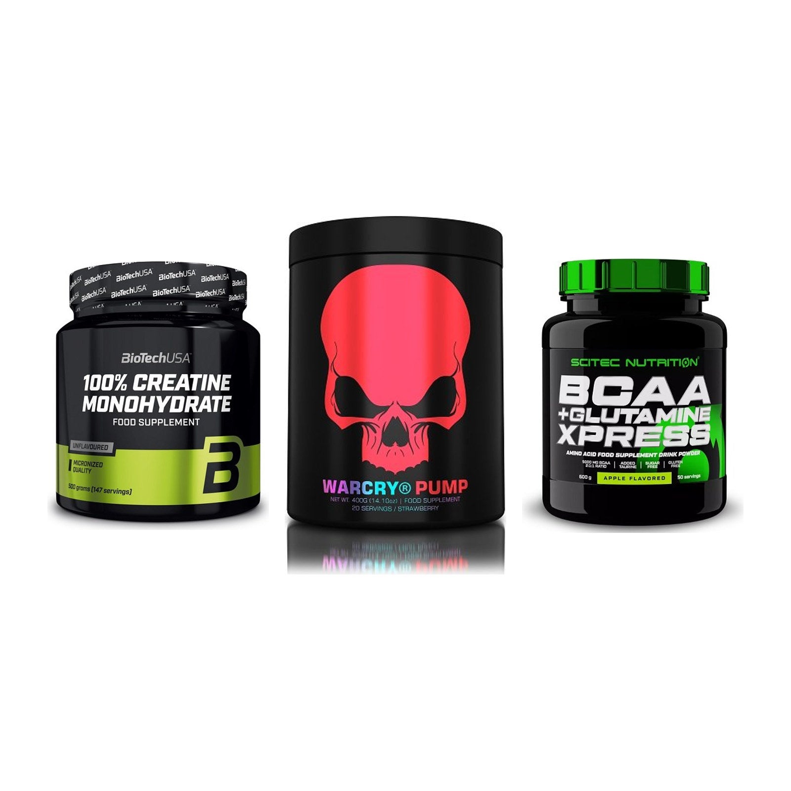 Kraft-Stack: BioTech Creatine + Genius Nutrition + Scitec BCAA – alle enthaltenen Artikel