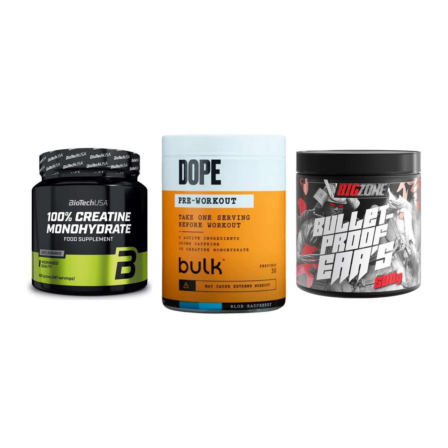 Kraft-Stack: BioTech Creatine + Bulk Dope + Big Zone Bulletpr – alle enthaltenen Artikel